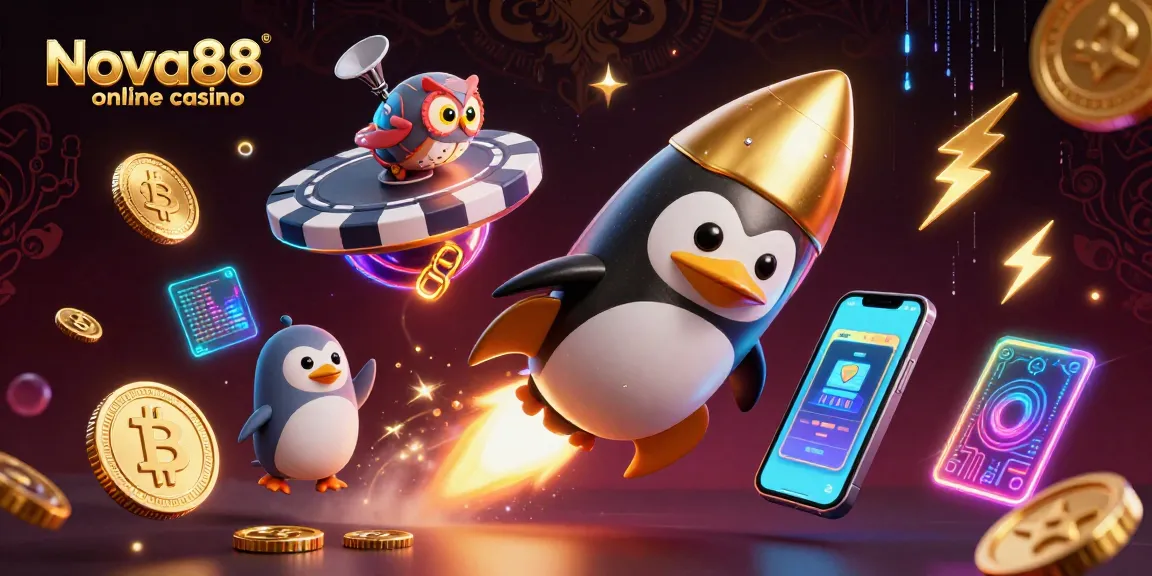 Experience thrilling gameplay at Nova88 online casino, featuring a golden penguin soaring towards a casino space station.
