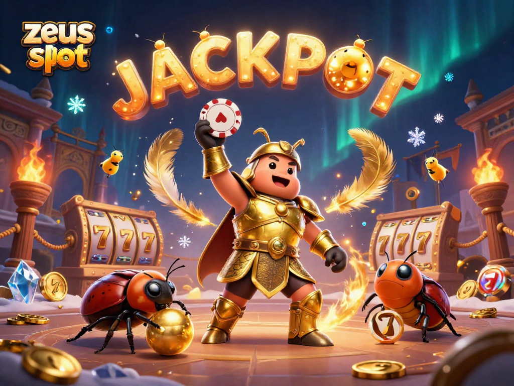 Win big on zeus slot with an epic cartoon scene of victory and rewards in a vibrant casino.