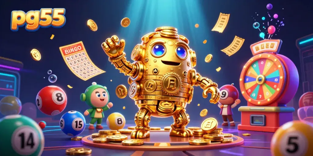 Engage with pg55's golden golem amidst vibrant casino elements in this dynamic gaming scene.