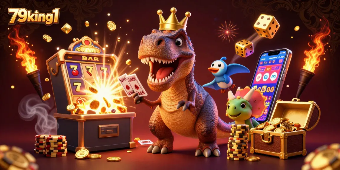 Experience vibrant casino action with 79king1 as a cartoon dinosaur shuffles cards amidst slot machines.