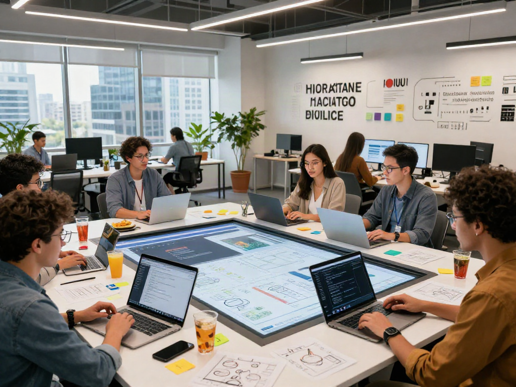 Team collaborating in a modern workspace using go8 technology for project management.