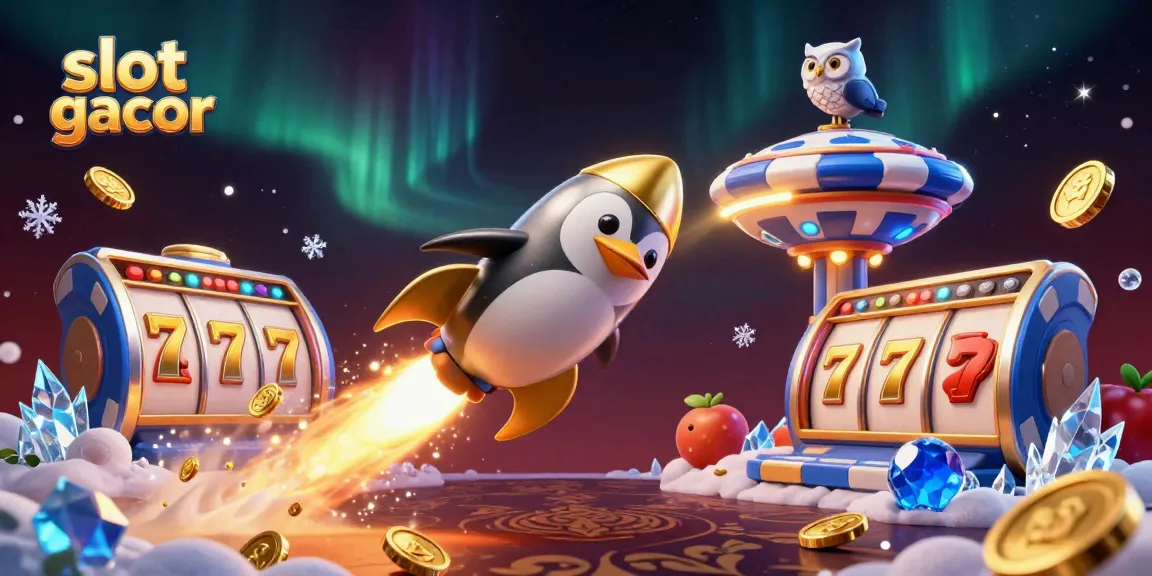 Experience thrilling slot gacor games with a golden penguin amidst a vibrant casino scene.