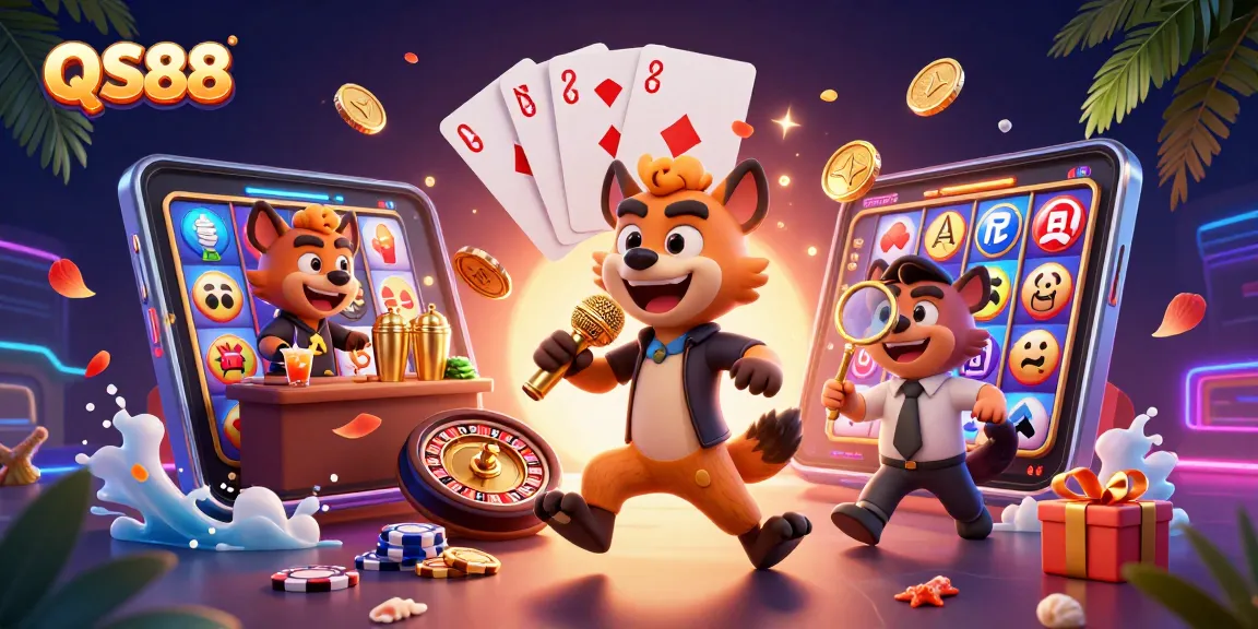 Experience thrilling gaming at QS88 with lively hyenas in a vibrant casino scene.