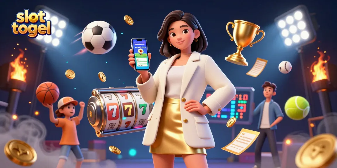 Experience thrilling slot togel gameplay with a cheerful Asian woman holding a sports betting app amidst dynamic casino elements.
