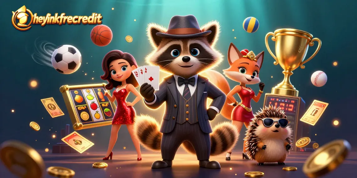 Experience thrilling gameplay with heylinkfreecredit's dynamic raccoon and fox characters in a vibrant casino scene.