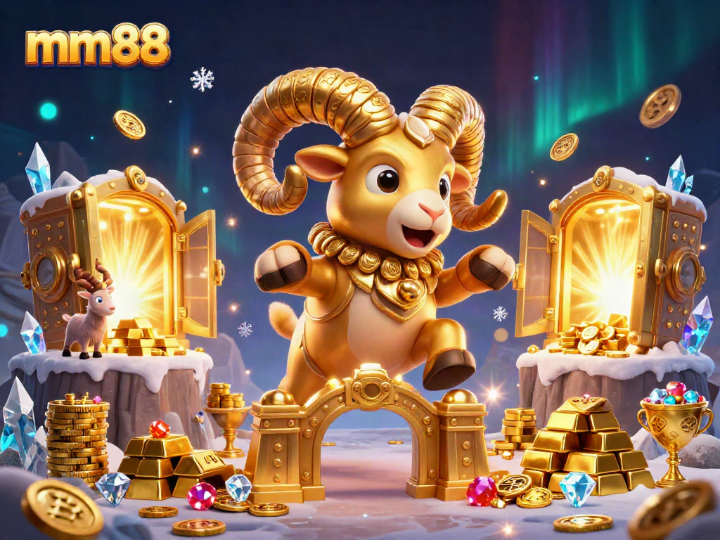 Engage thrilling gameplay strategies with mm88's vibrant 3D golden ram and treasure-themed illustration for players.