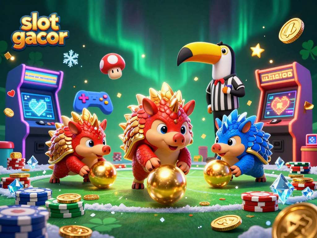 Menangkan slot gacor dengan meriah saat pangolin bersaing sambil menggulung bola emas dan poker chip.
