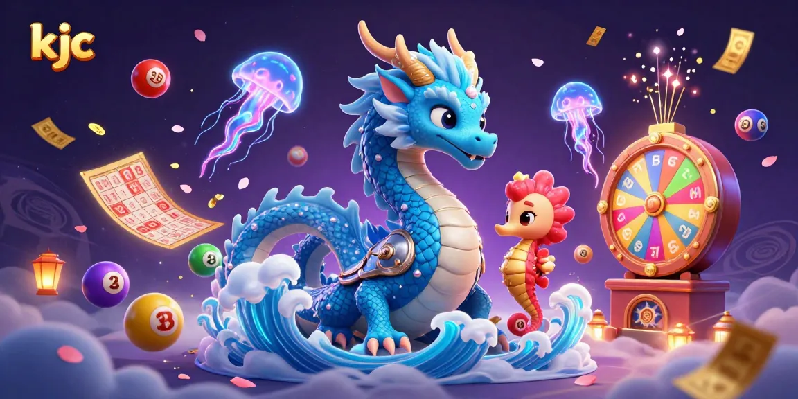 Spin and win with KJC's vibrant lottery game elements, featuring a dragon and seahorse in a magical scene.