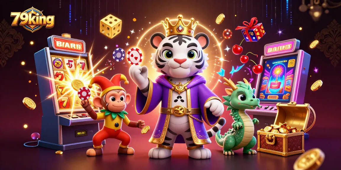79king welcomes excitement with a lively scene showcasing a royal tiger, jester monkey, and dragon amidst vibrant casino elements.