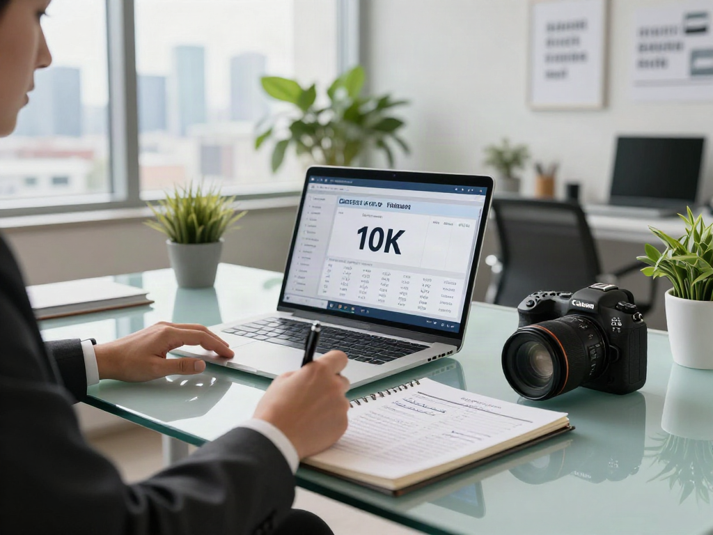 Finance professional discussing strategies to deposit 10k in modern office setting.