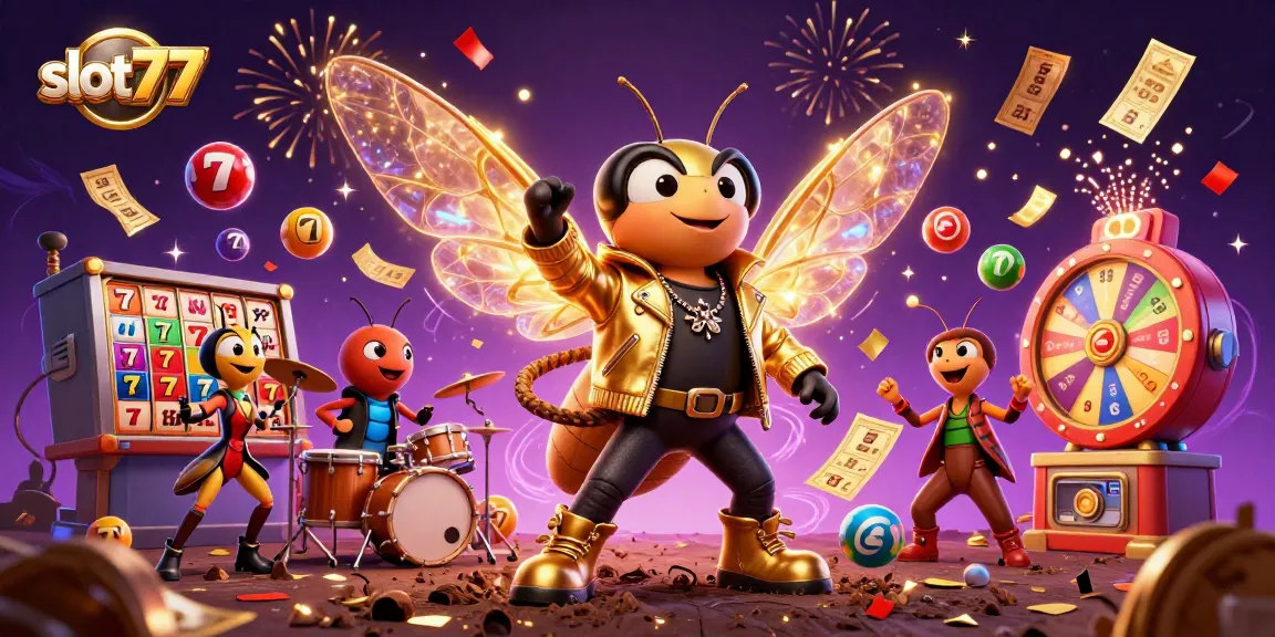 Spin, win, and play slot777 with vibrant visuals of a 3D cartoon cicada rock star and slot machines.