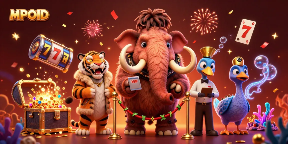 MPOID invites players to enjoy a vibrant casino experience with cartoon characters celebrating amidst slot reels and treasures.