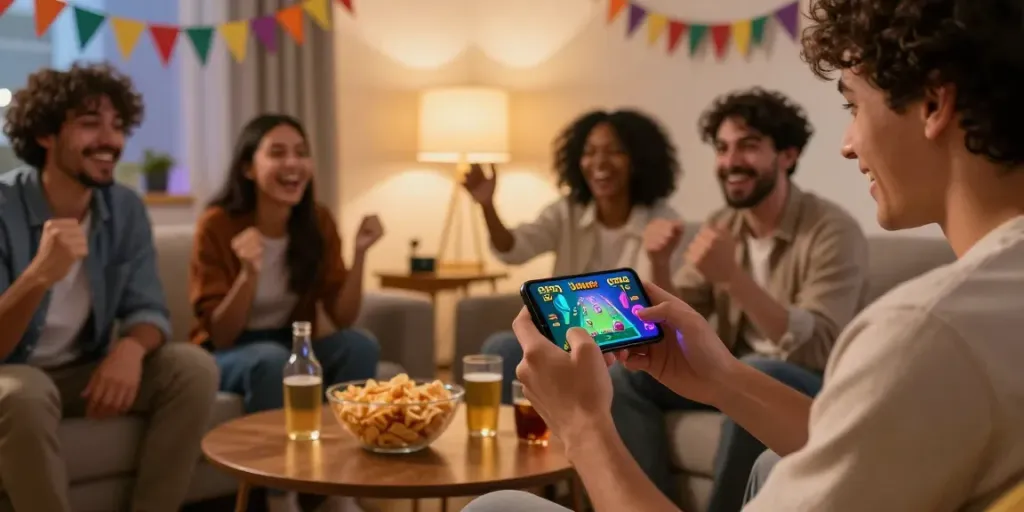 Engaging group of friends enjoying 3 Patti No1 app on smartphone during a lively gaming session in a cozy living room.