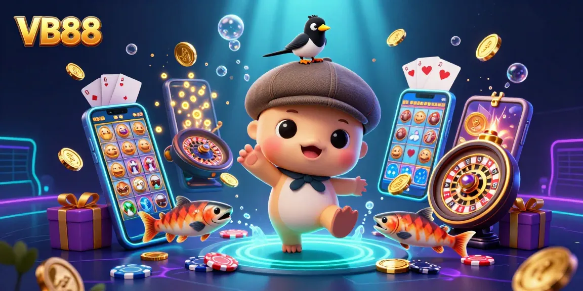 Spin the reels with VB88, featuring a playful Nessie and gold coins in a vibrant casino setting.