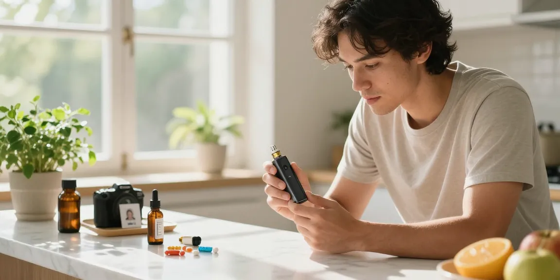 The legal age to vape in Cyprus confirmed with photo ID beside a vape device and wellness items in a bright kitchen.