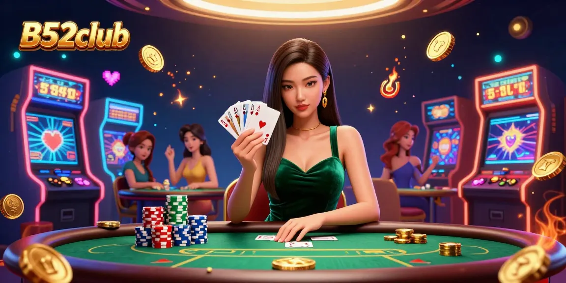 B52club showcases high-stakes poker action with a focused Asian woman in a luxurious casino ambiance.