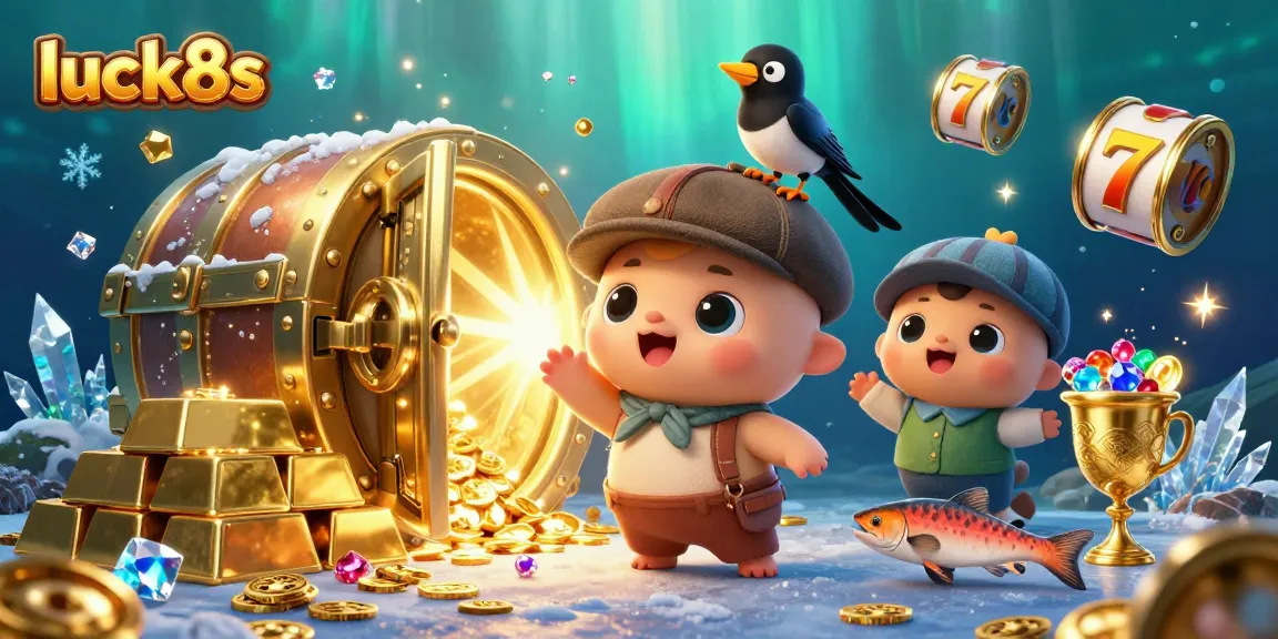 Experience exciting wins with luck8s in this vibrant 3D illustration featuring playful gaming elements and treasure.