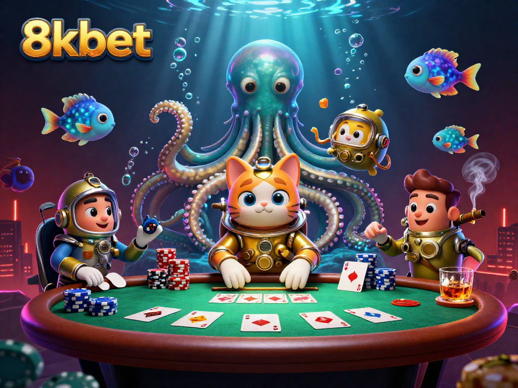 Experience the thrill of 8kbet with a stunning underwater casino scene featuring a golden kraken!