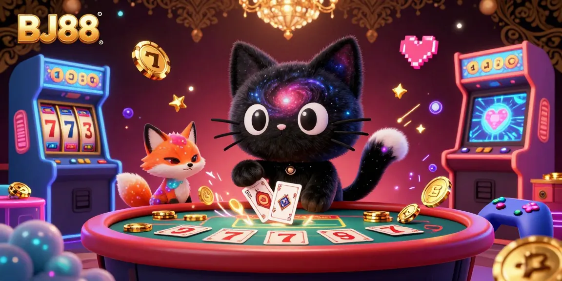 Experience thrilling gaming action at BJ88 with vibrant slot machines and cosmic characters in a bustling casino.