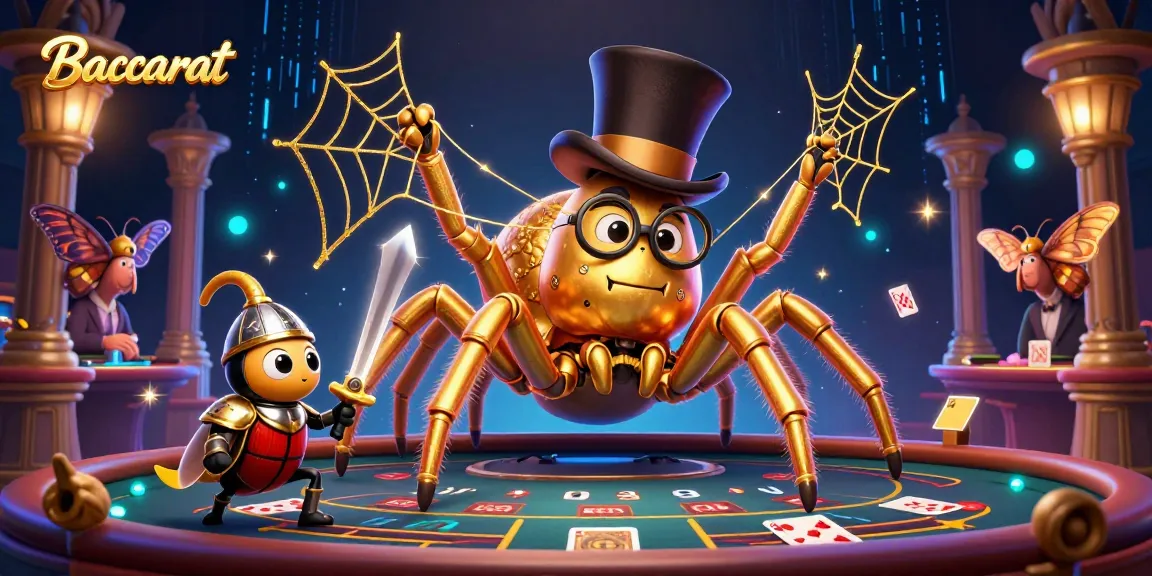 Baccarat live casino scene featuring a golden tarantula, a beetle knight, and casino elements.
