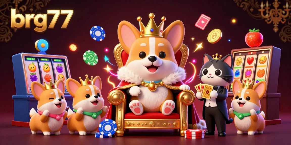 Join the royal corgi and cat butler at brg77's vibrant casino, celebrating gaming wins with colorful action!