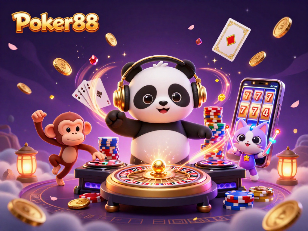 Spin and win at Poker88 with a vibrant 3D illustration featuring a DJ panda and a party atmosphere