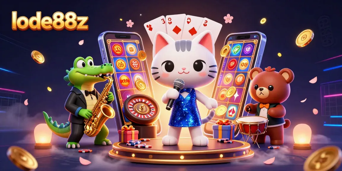 Engage in thrilling gameplay with lode88z featuring jazz-singer cat and vibrant casino elements.