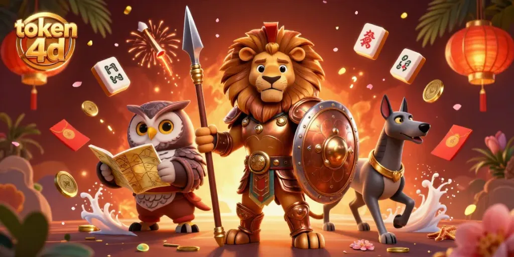 Gambarkan token 4D saat berinteraksi dengan simbol perjudian, dikelilingi oleh elemen kasino.