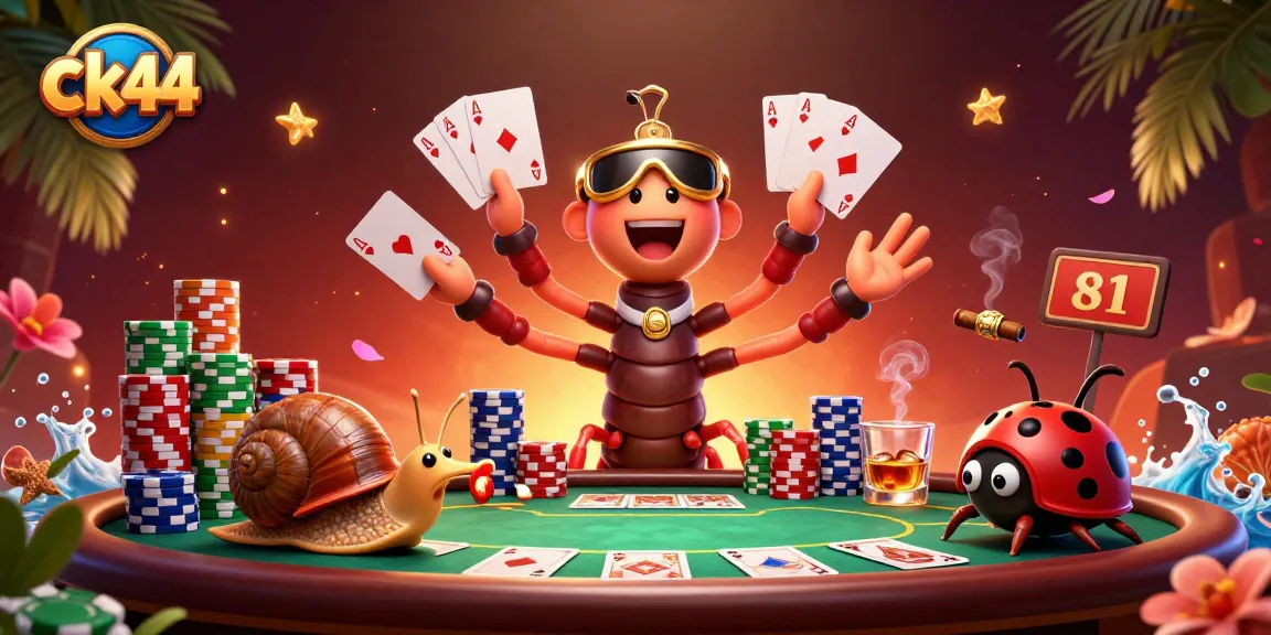Interact with ck44's dynamic casino scene featuring a cartoon millipede dealer, vibrant chip stacks, and engaging poker action.