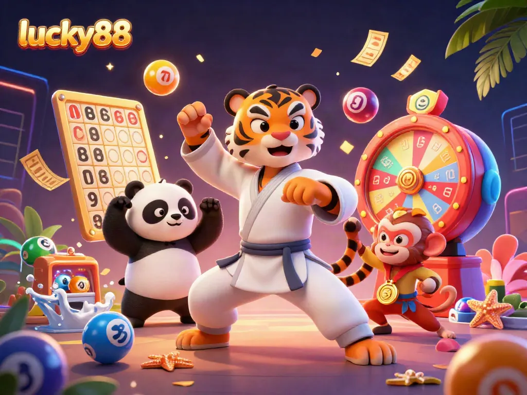 Experience lucky88 action with a kung fu tiger, panda, and monkey amidst colorful gaming elements.
