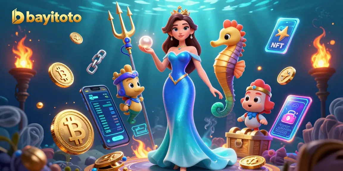Experience thrilling wins with bayitoto, featuring a dazzling underwater scene with gaming elements and characters.