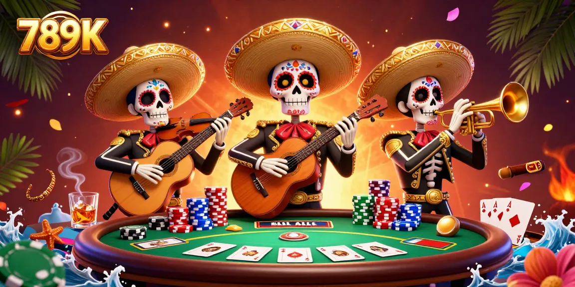 Experience the thrilling atmosphere of 789K as mariachi skeletons deal poker at a vibrant casino scene.