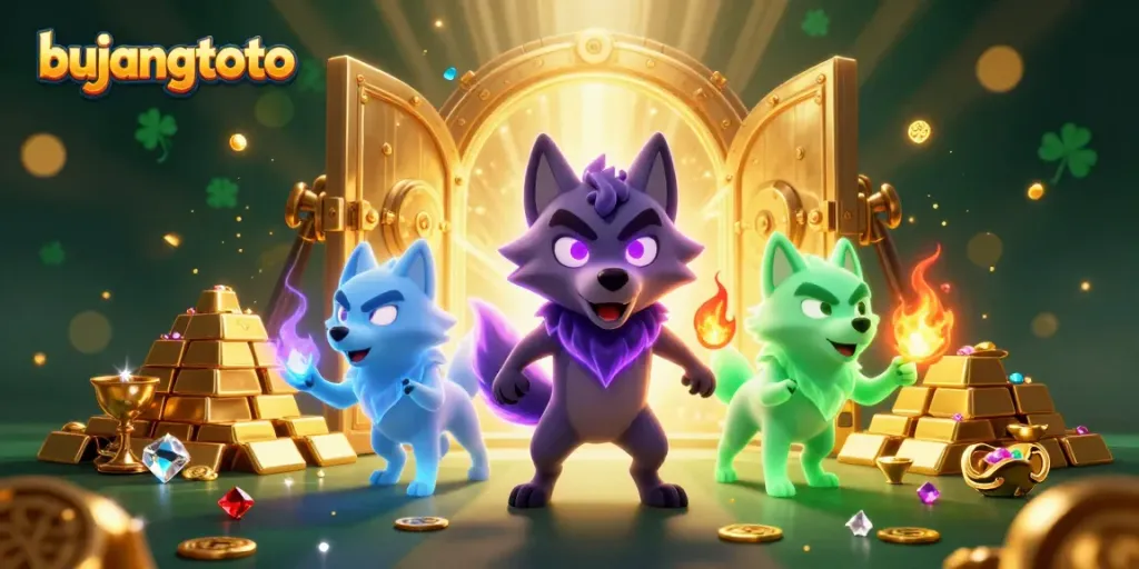 Engage with bujangtoto's animated online lottery scene featuring ghostly wolves and gold treasures.