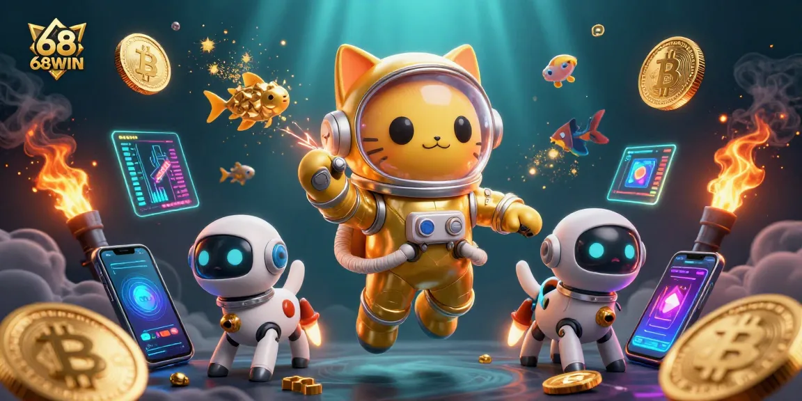 Experience 68WIN in a dynamic 3D scene with cryptocurrency elements highlighting the digital casino world.