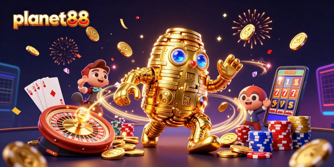 Experience wins at planet88 with a dynamic illustration of a golden golem amidst vibrant casino elements.