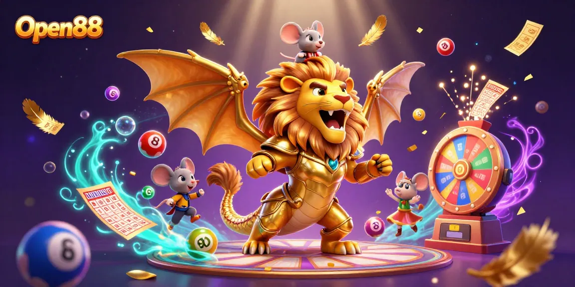 Experience Open88's vibrant gaming atmosphere with a roaring chimera and dynamic lottery elements.
