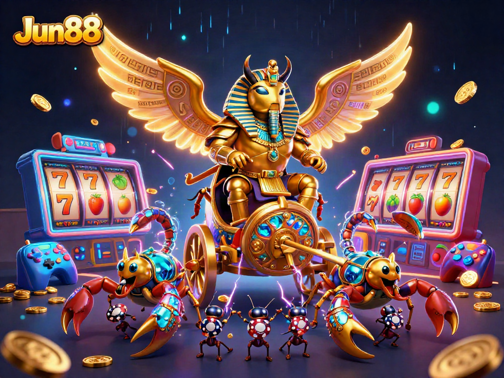 Engage with Jun88's thrilling slot games featuring a vibrant scarab theme and spectacular graphics.