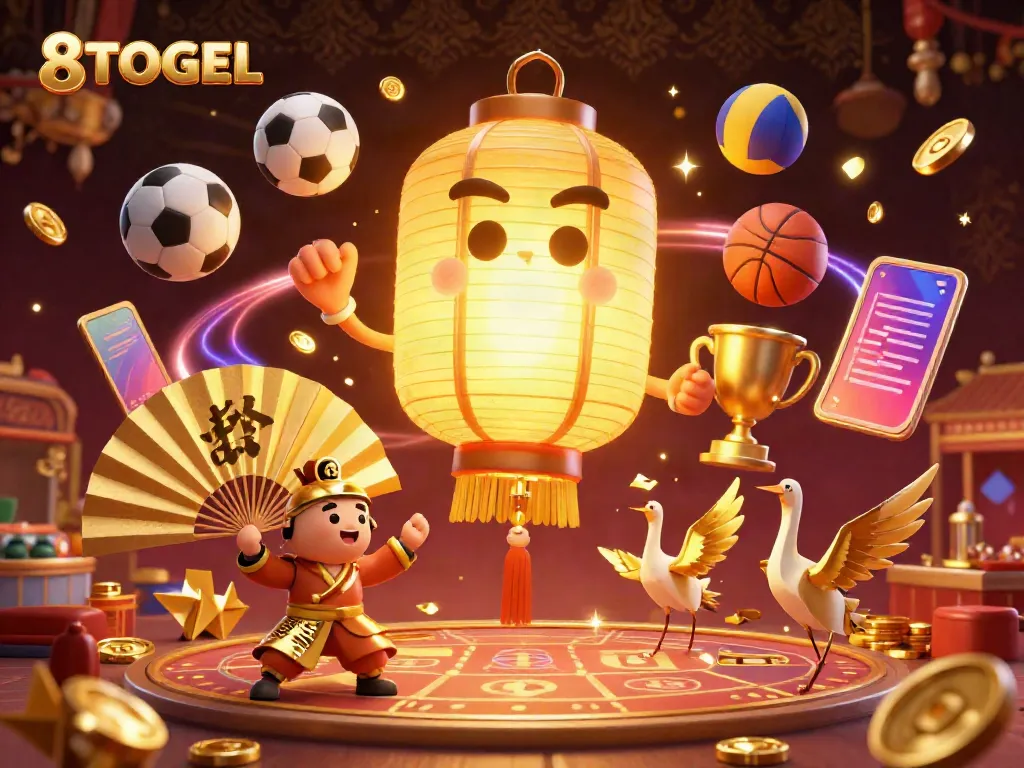 Engage with 8TOGEL's vibrant casino experience featuring a glowing lantern spirit and dynamic sports elements.