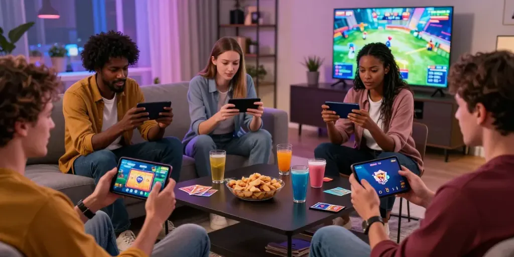 Enjoying Yono Games app with friends in a cozy living room, showcasing mobile gaming excitement.