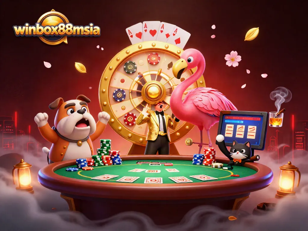Winbox88msia showcases a dynamic game show scene with vibrant casino elements and lively characters.