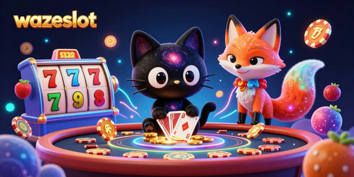 Experience the excitement of wazeslot with a cosmic casino scene featuring vibrant slot reels and a playful black hole cat.