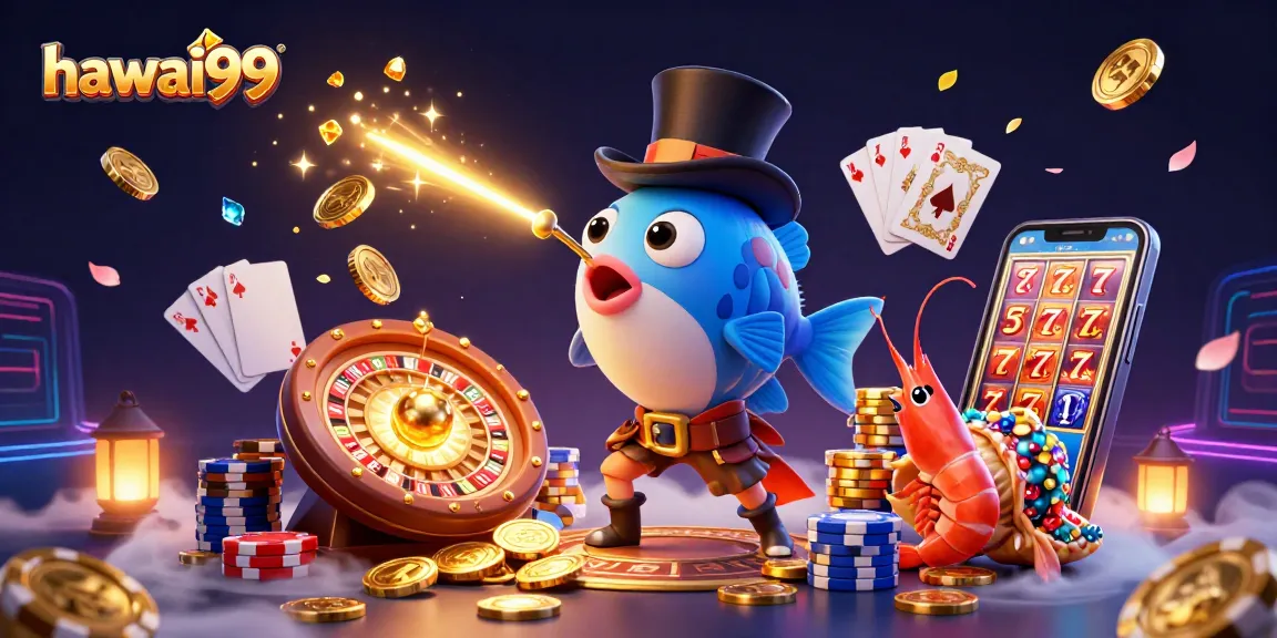 Engage in thrilling gameplay with hawai99, featuring a 3D anglerfish, shrimp, and sea snail among casino elements.