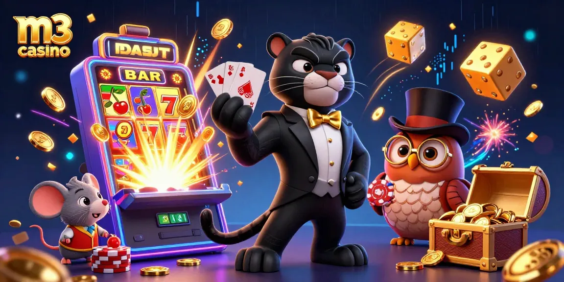 Experience the thrill at m3 casino with vibrant gaming scenes and character interactions.