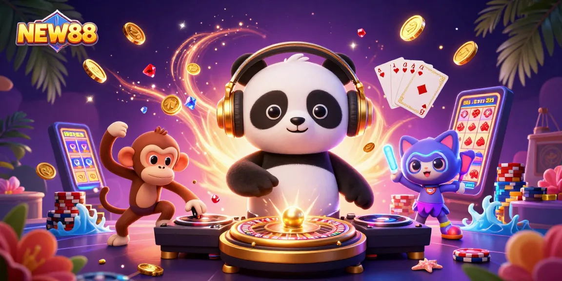 Experience the thrill at NEW88 with DJ panda and glow-stick kitten in a vibrant casino scene.