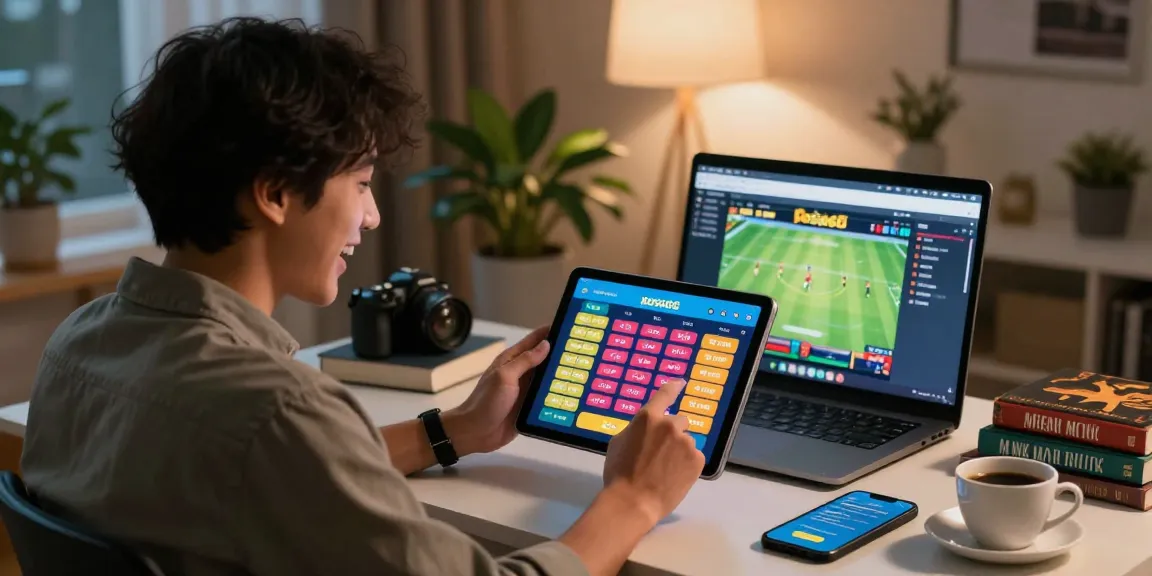 Person using xoso66 app on tablet in a cozy home office setting, excited about live lottery results.