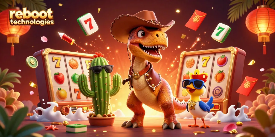 Engage with reboottechnologies for thrilling slot gaming experiences featuring a cowboy dinosaur and colorful game elements.