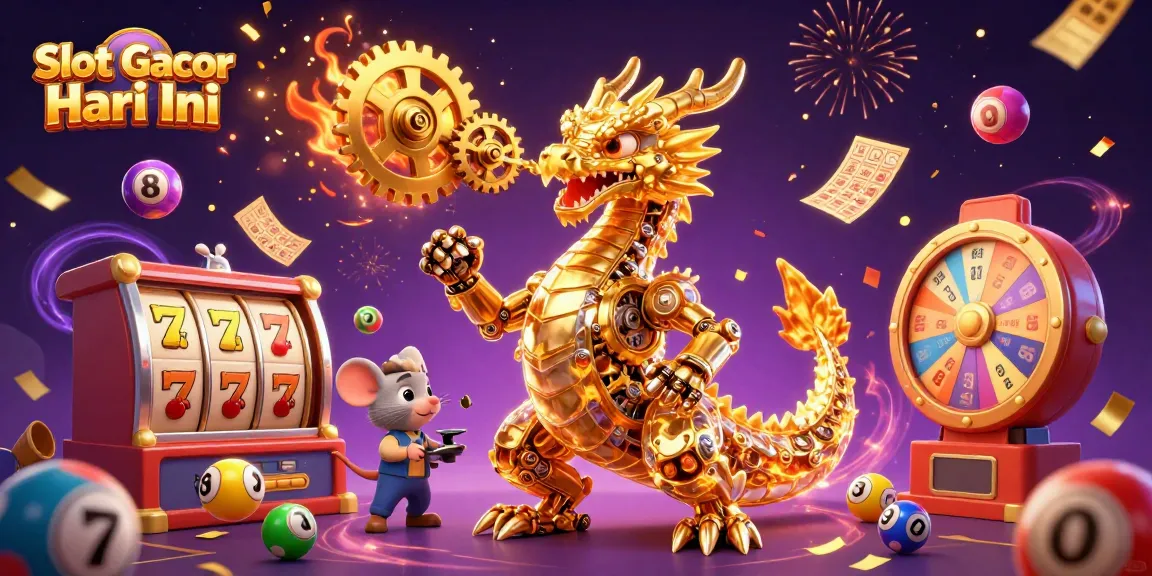 Engage in Slot Gacor Hari Ini with an illustration of a golden dragon surrounded by dynamic gambling elements.