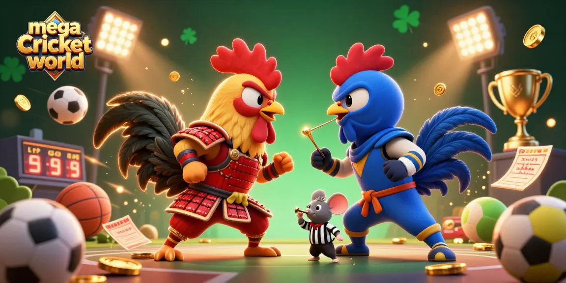 Join the excitement at mega cricket world with dynamic sports betting action featuring cartoon roosters.
