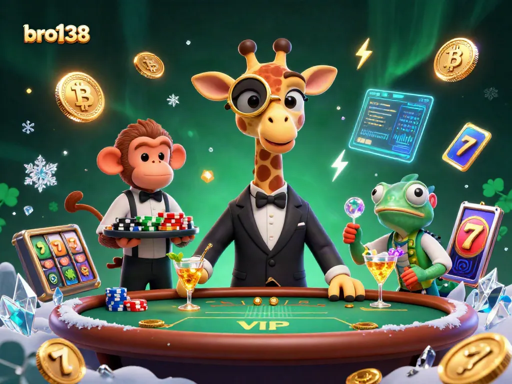 Experience thrilling slots action at bro138 with a high-roller giraffe, playful monkey, and chameleon bartender.
