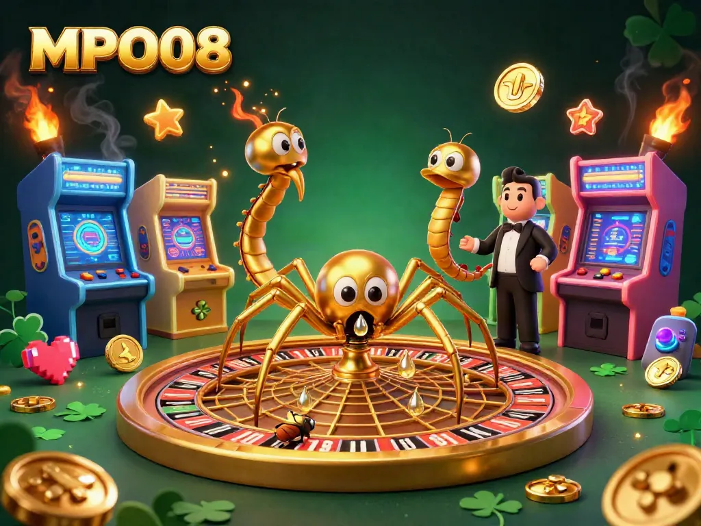 Place bets with MPO08 at a vibrant casino-themed 3D illustration featuring a spider and croupier